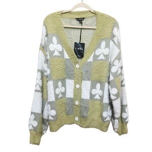 NWT Green Spades Clover Button Front Loose Fit V-Neck Sweater Cardigan Size L